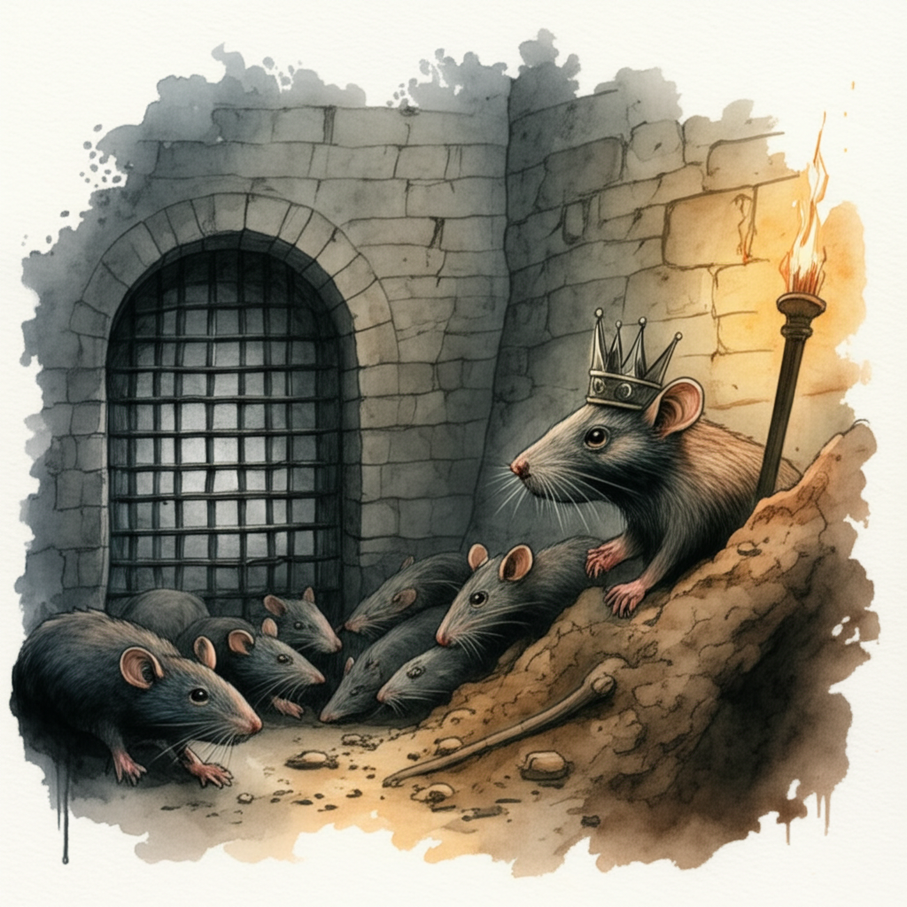 A teeming group of rats, their eyes gleaming in the darkness, diligently digging a tunnel from an old, overgrown well towards a cold, imposing stone prison wall. The rat-king, a large, grizzled rat wearing a tarnished silver crown askew on his head, oversees the operation with a critical eye. The prison is dark and imposing, constructed from rough-hewn stone, with iron bars reinforcing the tunnel entrance. Watercolor with detailed textures to show the damp earth, the rough stone, and the rats’ matted fur. Use muted browns and grays to create a sense of claustrophobia and oppression. Torchlight casts flickering shadows on the prison wall.