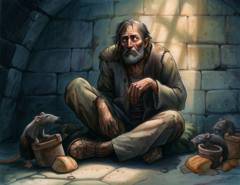 Gangazara, gaunt and pale with hollow cheeks, sitting in a damp, dark dungeon cell, illuminated by a small shaft of dusty light filtering through a barred window high above. His rags are soiled and torn. Rats, their eyes reflecting the light, are bringing him meager scraps of food and water in small containers. Watercolor with emphasis on the contrast between light and shadow, using deep blues and greens for the shadows and pale yellows and whites for the light. Highlight the textures of the rough stone walls, the worn blanket, and the stale bread. Gangazara’s eyes are wide with a mixture of hope and despair.