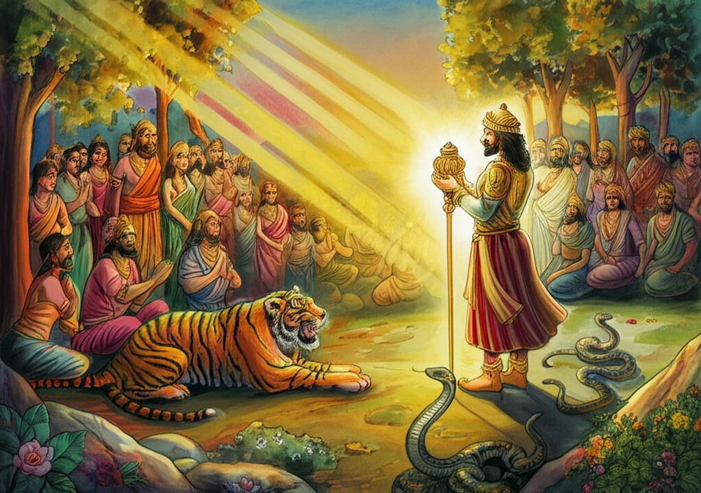 Gangazara, radiating a golden glow, stands tall and confident before a hushed crowd of people in a forest clearing at sunset. Sunlight streams through the trees, creating dappled shadows on the ground. Tigers and snakes are bowing at his feet, their eyes showing deep respect and loyalty. The king of Ujjaini is kneeling before Gangazara, offering him a jeweled crown. Watercolor with a warm, vibrant color palette of golds, oranges, reds, and greens. Emphasize the expressions of awe and reverence on the faces of the crowd. The air is thick with the scent of flowers and damp earth.