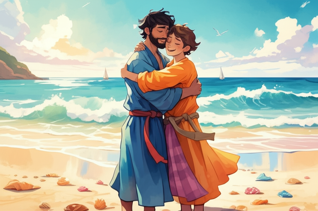 Gangazara and his older brother, both well-dressed in brightly colored silk robes, embracing warmly on a pristine beach under a bright, cloudless sun. The ocean waves gently lap the shore. Gangazara is smiling radiantly, his eyes closed in pure joy. His brother’s expression is one of relief and affection. Watercolor style with cheerful, bright tones of turquoise, sand, and vibrant blues. The ocean stretches behind them to the horizon, dotted with small sailboats. The beach is strewn with colorful shells. The sun casts long, gentle shadows, emphasizing the warmth and happiness of the scene.
