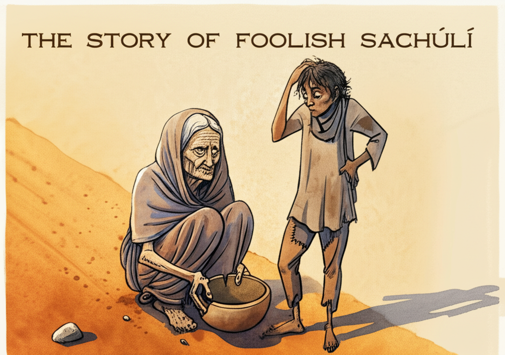 Watercolor illustration. A poor, wrinkled old woman (Hungni) with weathered hands and a faded shawl sits beside a dusty ochre road under the harsh midday sun, begging with an empty chipped clay bowl. Dust motes dance in the sunbeams. Her son, Sachuli, a young man with unkempt hair and patched clothes, stands beside her, scratching his head with a confused expression and downcast eyes. Long, stark shadows stretch behind them. A single, small grey rock lies at his feet, catching the sunlight. The color palette is muted browns, grays, and yellows, creating a sense of poverty and hardship. Consistent watercolor style with soft blending and natural flow.