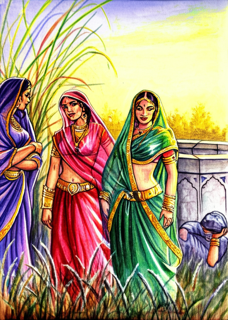 Watercolor illustration. Three women dressed in colorful, flowing robes of crimson, emerald, and sapphire approach a stone well bathed in the soft golden light of late afternoon. The last woman, presumably wealthy, wears extravagant golden jewelry that glints in the sun. Her robe is adorned with intricate embroidery. Sachuli, a mischievous glint in his eyes, is hiding behind the well, amidst tall grasses. He holds a large, jagged rock raised above his head, preparing to throw it. The well is moss-covered and aged. The color palette is vibrant, with contrasting shadows and highlights, creating a sense of impending action. Consistent watercolor style with soft blending and natural flow.