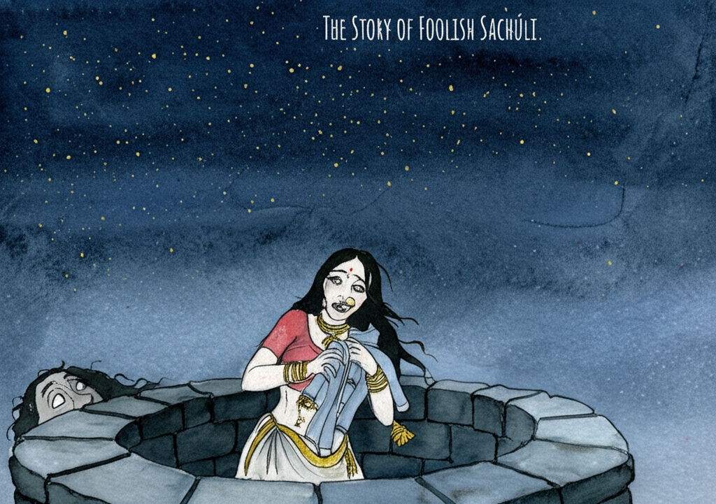 Watercolor illustration. Hungni, her face a mask of terror illuminated by the faint moonlight, stands in the dark near a well, framed against a inky blue-black sky dotted with stars. Her thin, trembling hands clutch a body wearing extravagant golden jewelry. She’s frantically throwing the body into the dark depths of the well. The well is made of rough-hewn stones, slick with moisture. Sachuli watches from the shadows, his eyes wide with a confused, smiling expression, barely visible in the darkness. The color palette is dominated by cool blues and blacks, with hints of gold reflecting off the jewelry, conveying a sense of fear and secrecy. Consistent watercolor style with soft blending and natural flow.