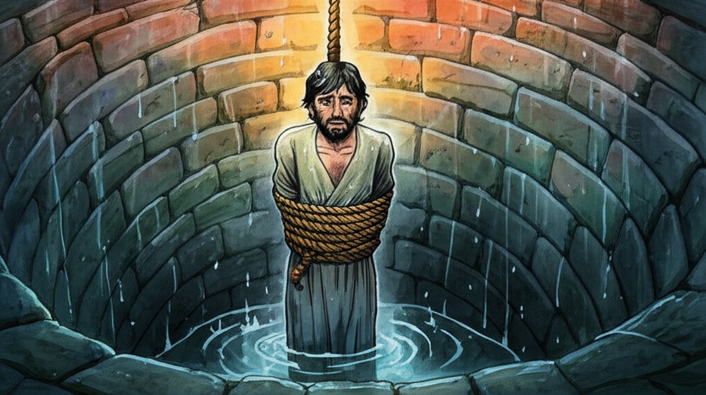 Watercolor illustration. Sachuli, his face etched with fear and apprehension, is tied with a rough hemp rope, its fibers digging into his skin, being slowly lowered into a dark, circular well. An anxious group of men, their faces illuminated by flickering torchlight, surround the well, peering down at Sachuli as if waiting for something sinister. The rope is taut and being held by the men, their knuckles white with strain. The atmosphere is tense and claustrophobic. Wetness gleams on the well’s stone interior. The color palette is a mixture of warm oranges and reds from the torchlight against cool blues and grays of the stone, creating a sense of danger. Consistent watercolor style with soft blending and natural flow.
