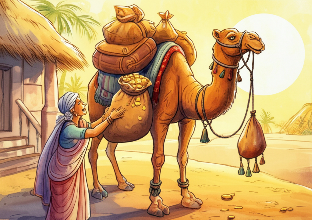 Watercolor illustration. Sachuli, beaming with pride, offers a king’s camel, laden with heavy ornate saddlebags overflowing with glistening gold coins, to his surprised and excited-looking mother, Hungni. The scene unfolds in front of Hungni’s humble thatched-roof home, bathed in the warm light of the rising sun. She is reaching out for the bags with eagerness, her eyes wide with disbelief. The camel is richly decorated with tassels and bells. Dust rises from the ground. The color palette is bright and cheerful, with vibrant yellows and golds dominating, creating a sense of joy and abundance. Consistent watercolor style with soft blending and natural flow.