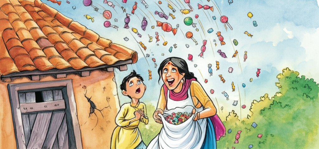 Watercolor illustration. A wide-eyed Sachuli, his mouth agape in amazement, looks upwards in disbelief as colorful candy of all shapes and sizes rains down from the heavens onto his mother’s humble home. The candy sparkles with a magical sheen. Hungni is catching the candy in her apron, a mischievous look on her face, her eyes twinkling with delight. The scene is bathed in the soft, diffused light of a cloudy afternoon. The humble home has a cracked clay roof and mismatched wooden door. The color palette is a vibrant mix of pastels and bright colors, creating a sense of wonder and magic. Consistent watercolor style with soft blending and natural flow.