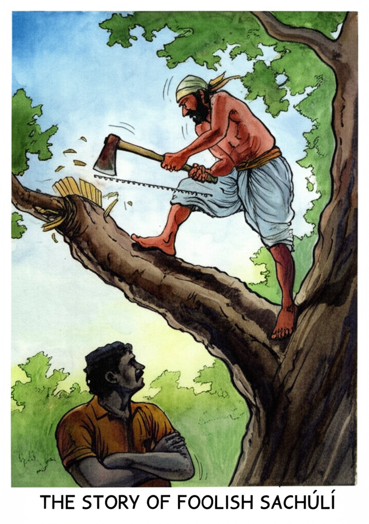 Watercolor illustration. Sachuli, perched precariously on a thick branch of a gnarled oak tree, is sawing at it with a rusty axe. Splintered wood flies in the air. The lighting is harsh and direct. A man with a concerned frown and folded arms stands below, looking up with a worried expression, his face shadowed by the tree’s canopy. The background features a lush green forest under a clear blue sky. The color palette is earthy and realistic, with a focus on greens, browns, and blues, creating a sense of tension and impending disaster. Consistent watercolor style with soft blending and natural flow.