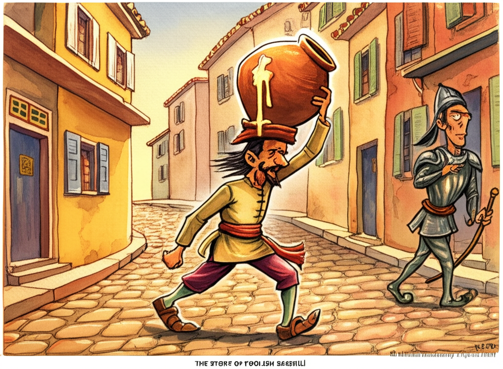 Watercolor illustration. Sachuli, walking along a cobblestone road, carries a large earthenware jar of melting butter precariously balanced on his head, its surface shimmering in the warm sun. His head is tilted side-to-side as he is deep in thought, his brow furrowed in concentration. A nervous-looking soldier, clad in shining armor, walks closely behind him, looking nervously at the jar and Sachuli, fearing a messy accident. Buildings with colorful shutters line the street. The color palette is warm and inviting, with a focus on yellows, browns, and grays, creating a sense of whimsical tension. Consistent watercolor style with soft blending and natural flow.