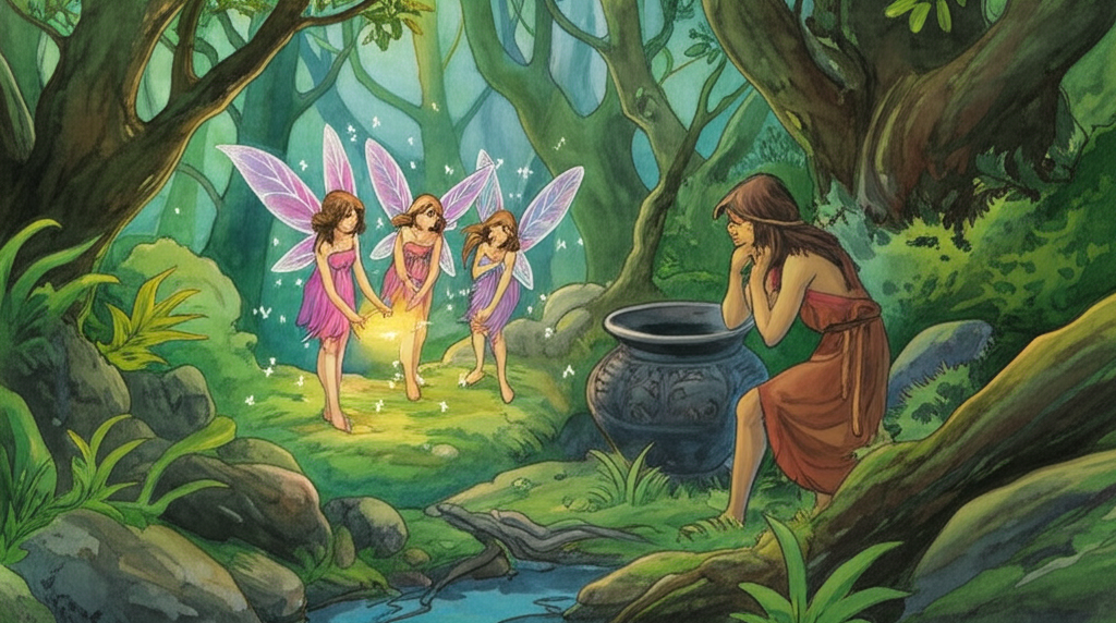 Watercolor illustration. Five small, shimmering fairies, their wings iridescent and their faces filled with fear, offer a dark, ornate cooking pot to Sachuli in a forest clearing bathed in dappled sunlight. The pot is made of blackened metal and adorned with strange symbols. Sachuli looks confused and slightly suspicious, scratching his chin with a hesitant expression. The forest is filled with lush foliage and towering trees, their branches interwoven to create a mystical atmosphere. Moss covers the forest floor. The color palette is a mix of earthy greens and browns with hints of magical light emanating from the fairies, creating a sense of mystery and unease. Consistent watercolor style with soft blending and natural flow.
