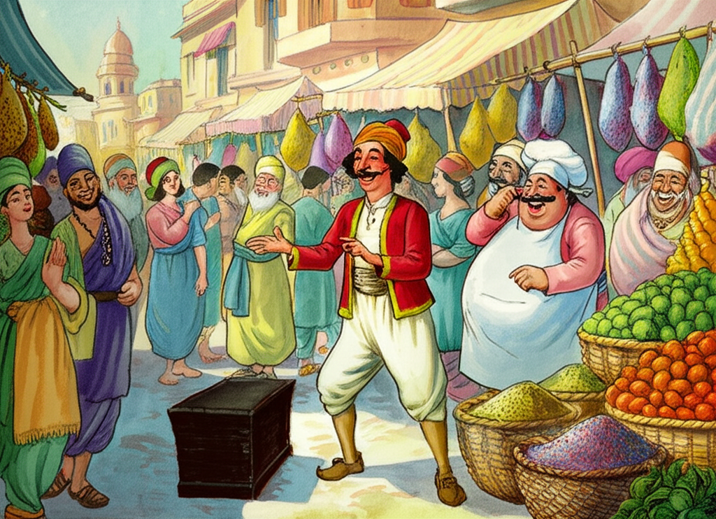 Watercolor illustration. Sachuli stands in a bustling marketplace filled with colorful stalls and chattering crowds. He is gesturing dramatically towards a dark, plain wooden box, its surface worn and scratched. A rotund cook, his face red and jovial, stands by, laughing uproariously, clutching his apron. Sachuli is about to call upon the box to magically create beautiful clothes. Baskets overflow with fruits, vegetables and spices. The lighting is bright and sunny. The color palette is vibrant and lively, with a wide range of colors creating a sense of energy and excitement. Consistent watercolor style with soft blending and natural flow.