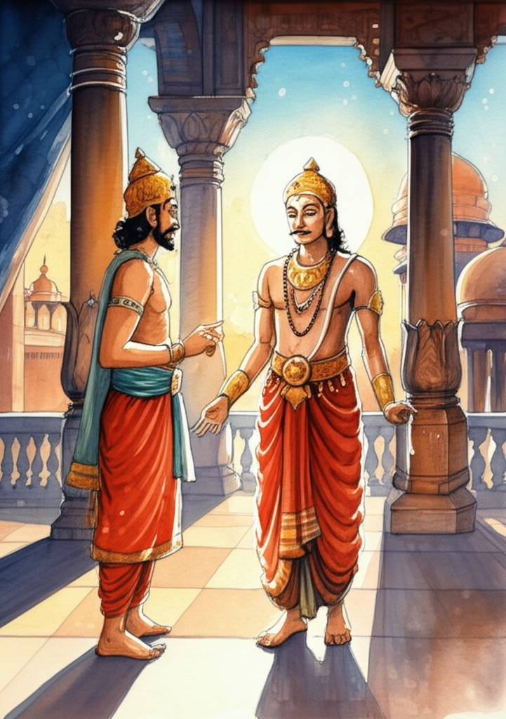 A vibrant watercolor illustration of King Brahma-datta, adorned in elaborate regal attire of deep crimson and gold, listening attentively to the wise man, the future Buddha. The Buddha stands beside him in the Benares palace, bathed in the soft, diffused light of a late afternoon. The king appears to be talking excessively, gesturing wildly with his hands, his face flushed with excitement. The wise man maintains a calm, patient demeanor, his eyes downcast and his hands clasped in front of him. The palace interior features intricately carved wooden pillars casting long shadows across the polished stone floor. Tapestries of deep indigo and ochre adorn the walls. The air is thick with the scent of incense. The watercolor style should emphasize soft blending and a natural flow, capturing the rich textures of silk robes and polished surfaces.