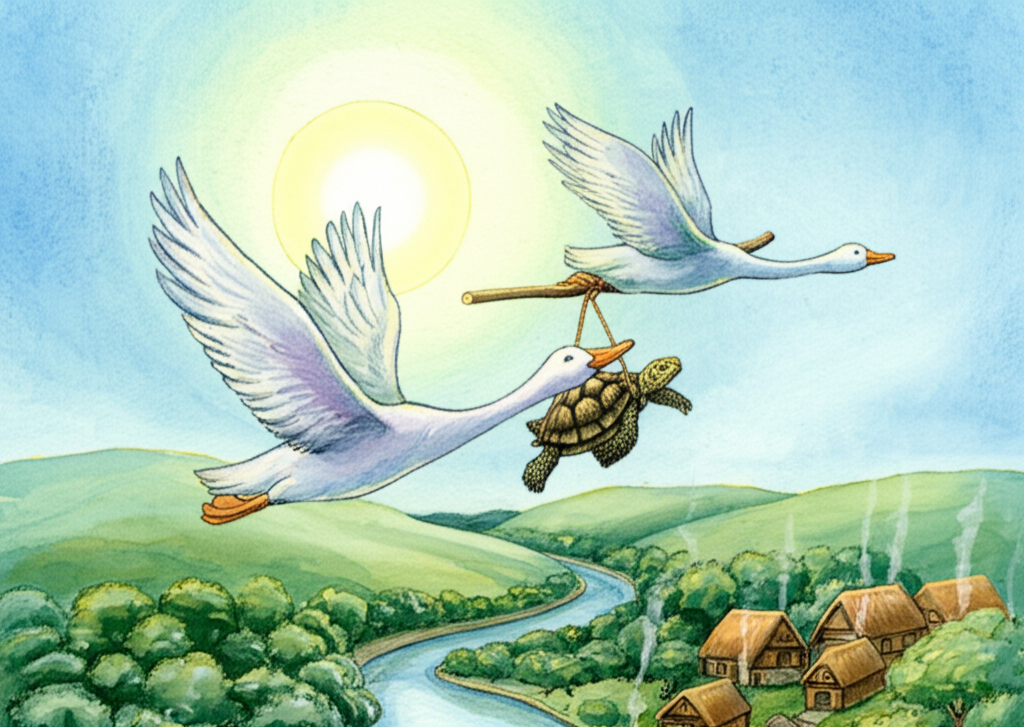 A breathtaking watercolor illustration of two hamsas (ducks) in flight, their white feathers gleaming in the bright midday sun. They are carrying a turtle, its shell patterned with earthy browns and greens, suspended between them on a sturdy wooden stick. The stick is secured with woven rope. They are flying high above a lush, green landscape with rolling hills and a winding river. A small, idyllic village with thatched roofs and smoking chimneys is visible below, nestled among the trees. The watercolor palette emphasizes vibrant greens and blues for the landscape, contrasting with the crisp whites of the birds and the warm browns of the turtle. Use layered washes to convey the depth and vastness of the sky.