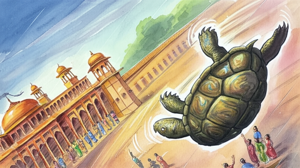A dramatic watercolor illustration depicting the turtle plummeting downwards from the sky, its limbs flailing in desperation. The light catches the rough texture of its shell as it tumbles. Below, the Benares palace courtyard is visible, rendered in warm earth tones with accents of gold and crimson. Tiny figures of people, dressed in brightly colored robes, are looking up in alarm, their faces etched with expressions of shock and fear. The perspective should be dramatic, emphasizing the height and speed of the fall. Add streaks of rain to enhance the sense of impending doom. Use a splattering technique to create a sense of chaotic movement as the turtle falls. Soften edges to convey motion blur.