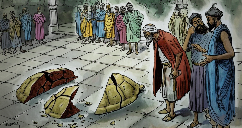 A somber watercolor illustration of the broken turtle lying in two pieces in the Benares palace courtyard. The fractured shell reveals the raw, vulnerable underside. King Brahma-datta and the wise man (future Buddha) stand nearby, examining the scene with concerned expressions. The king’s regal attire is now rumpled and dusty, his face creased with regret. The wise man maintains a calm composure, but his eyes reflect a hint of sadness. Courtiers surround them, their faces a mixture of curiosity and apprehension. The courtyard is paved with uneven stones, stained with water from a recent rain shower. The light is soft and diffused, casting long, mournful shadows. Emphasize the textures of the broken shell and the rough stones using dry brush techniques and layered washes.