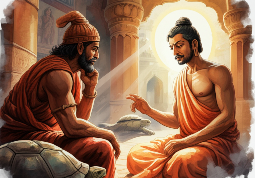 A contemplative watercolor illustration of the wise man, the future Buddha, gesturing with his hand as he speaks to King Brahma-datta. Sunlight streams through a palace window, illuminating the Buddha’s serene face and casting a warm glow on his simple robes. The king is listening intently, his hand resting on his chin in a thoughtful gesture. His opulent attire is slightly subdued, reflecting a shift in his character. The broken turtle is subtly visible in the background, partially obscured by a column, serving as a visual reminder of the consequences of recklessness. The walls are adorned with faded frescoes depicting scenes of moral tales. The watercolor style should emphasize soft blending and subtle color variations to create a peaceful and reflective atmosphere.