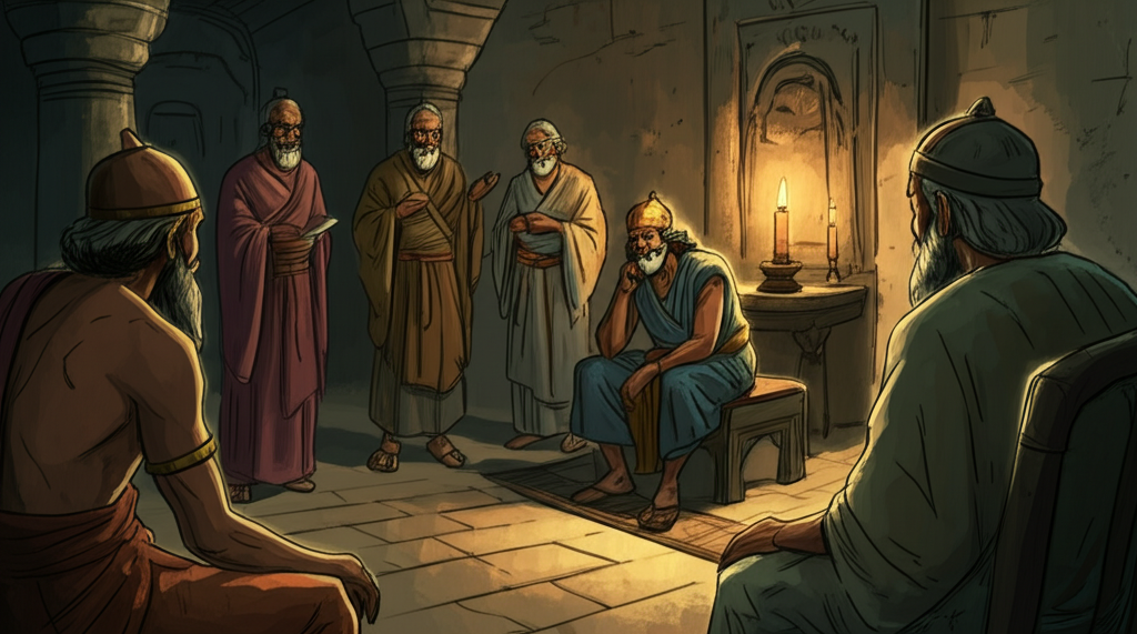 A subdued watercolor illustration showing the king, Brahma-datta, now listening quietly with his hand on his chin in thought, as his advisors speak. The scene is lit by flickering candlelight, casting dancing shadows across the room. He has fewer luxurious clothes on – a simple tunic of muted blue – but still retains a royal bearing. His face is etched with lines of worry and contemplation. His advisors, dressed in simple robes of brown and grey, are animatedly discussing matters of state. A heavy wooden table is cluttered with scrolls and documents. The room is sparsely furnished, with a rough blanket draped over a wooden stool. The color palette is muted and earthy, reflecting the king’s newfound humility and the somber atmosphere of the palace. Use a textured brush to create the illusion of rough hewn walls and worn furnishings.
