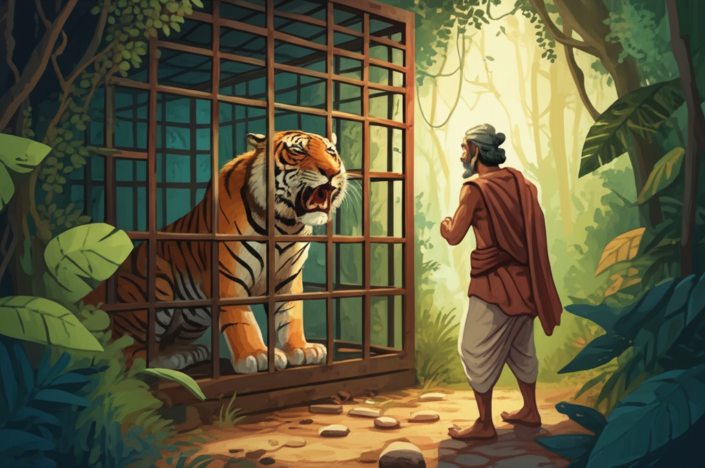 Watercolor illustration of a frustrated tiger trapped in a rusty, barred cage. The time is early morning; sunlight filters through the jungle canopy, casting dappled shadows on the cage floor. The tiger, an orange blaze against the dark iron, is snarling, its black stripes rippling with tension as it claws at the rust-covered bars. Its eyes burn with rage. Brahman, a kind-looking man with simple, earth-toned clothing – a faded dhoti and shawl – stands outside the cage, looking concerned, his brow furrowed with worry. His hands are clasped nervously. Lush green jungle foliage, with vibrant emerald greens and deep shadows, surrounds them. Vines creep up the cage bars. The air is thick with humidity, hinted at by a slight shimmer in the distance. Artistic style: Soft, natural watercolor with flowing washes and delicate details, emphasizing the contrast between the raw power of the tiger and Brahman’s gentle nature.