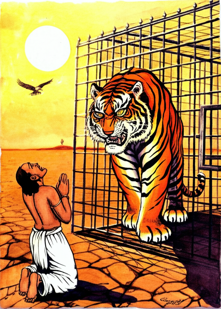 Watercolor illustration of the tiger, now free from the cage, towering over the much smaller Brahman, who is on his knees begging. It’s high noon; the sun beats down harshly, creating stark, unflattering shadows. The tiger has a predatory grin, its sharp claws extended, glinting in the sunlight. Its fur is detailed with individual brushstrokes, highlighting its muscular build. Brahman is on his knees, his face etched with terror, hands clasped in supplication. He’s covered in dust and sweat. The open cage sits behind them, casting a long, ominous shadow on the ground. The cage door is slightly ajar, revealing the dark interior. Dry, cracked earth stretches towards the horizon. A hawk circles lazily overhead. Color palette: warm browns, oranges, and yellows for the dry landscape, contrasted with the dark, imposing presence of the tiger. Artistic style: Bold watercolor strokes, emphasizing the drama and tension of the scene, with particular attention paid to the light and shadow.