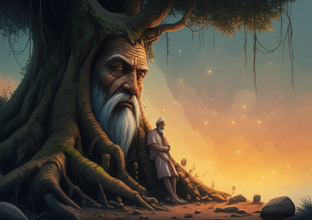 Watercolor illustration of Brahman talking to a large, ancient tree with thick roots. The setting is twilight; the sky is a blend of deep blues, purples, and oranges. The tree, a banyan, has a face etched into its bark, its expression stern and disapproving, the deep wrinkles around its eyes suggesting immense age and wisdom. Moss clings to its bark, adding texture and depth. Brahman appears dejected, with slumped shoulders and downcast eyes. He’s leaning against the tree, his shadow stretching long and thin. The air is cool and still. Fireflies flicker in the background, adding a touch of magic. Color palette: muted greens and browns for the tree, offset by the vibrant colors of the twilight sky, creating a melancholic mood. Artistic style: Soft watercolor washes to create a sense of depth and atmosphere, with delicate details in the bark and leaves of the tree.