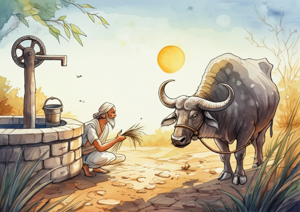 Watercolor illustration of Brahman speaking to a buffalo tied to a water well, walking in endless circles. The time is mid-afternoon; the sun blazes relentlessly, casting short, harsh shadows. The landscape is dry and dusty, with cracked earth and withered vegetation. The buffalo looks weary and resigned, its ribs showing through its thin hide. Flies buzz around its head. The water well is old and crumbling, with a rusty crank and a chipped bucket. Brahman kneels beside the buffalo, speaking softly, his face filled with compassion. He offers the buffalo a handful of dried grass. Color palette: predominantly earthy tones – browns, ochres, and yellows – to convey the aridity of the landscape, with a hint of blue in the distant sky. Artistic style: loose watercolor strokes to capture the texture of the dry earth and the weary state of the buffalo, with a focus on capturing the emotional connection between Brahman and the animal.