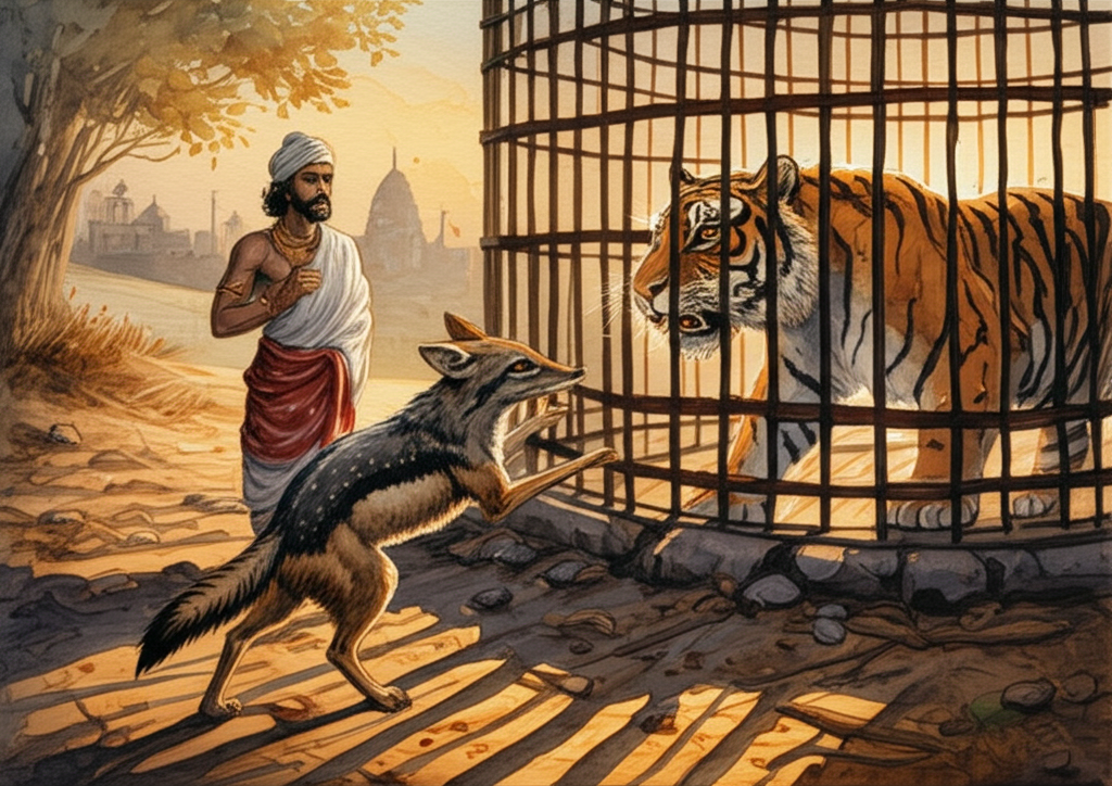 Watercolor illustration of Brahman and a clever-looking jackal standing near the cage. The tiger is visible inside, pacing restlessly. It’s late afternoon; the light is warm and golden, casting long shadows. The jackal is scratching its head with its hind paw, appearing confused, its brow furrowed. Its fur is a mix of browns and greys, realistically rendered with individual brushstrokes. Brahman looks hopeful, his eyes fixed on the jackal, his hands clasped in anticipation. The cage is bathed in the warm light, highlighting the tiger’s frustrated movements. Scattered leaves and twigs litter the ground. A distant temple silhouette is visible on the horizon. Color palette: warm golds and browns to create a sense of hope and anticipation, contrasted with the darker tones of the cage and the frustrated tiger. Artistic style: detailed watercolor painting, focusing on the textures of the fur and the metal of the cage, with soft blending to create a realistic and engaging scene.
