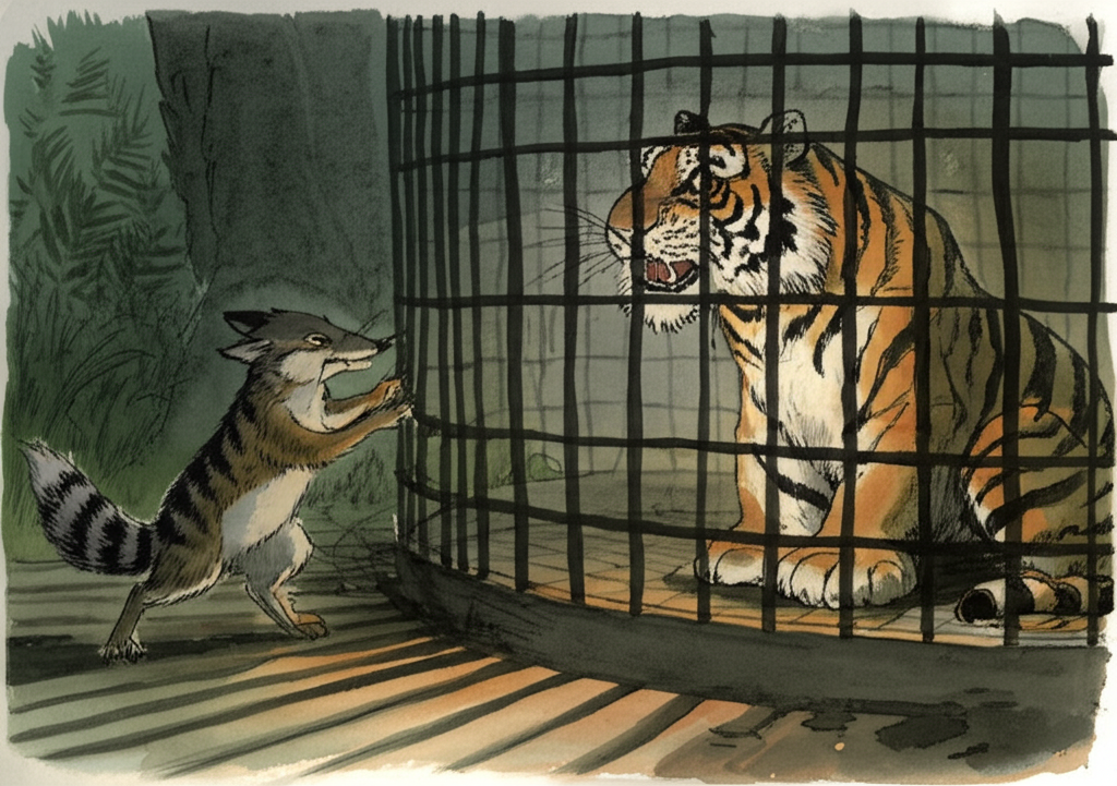 Watercolor illustration of the tiger demonstrating how he got into the cage. He is crouched inside, looking triumphant and annoyed. It’s early evening; the light is fading, casting long, dramatic shadows. The tiger’s eyes gleam in the dim light. His fur is ruffled, and his posture is tense. The jackal watches from outside with a sly grin, one paw reaching tentatively for the cage door latch. Its tail twitches with amusement. The cage is dimly lit, the bars casting intricate shadows on the ground. The surrounding jungle is dark and mysterious. The air is filled with the sounds of crickets and other nocturnal creatures. Color palette: muted greens, browns, and greys to create a sense of suspense and anticipation, with highlights on the tiger’s eyes and the jackal’s grin. Artistic style: Loose, expressive watercolor strokes to capture the movement and emotion of the scene, with emphasis on the contrast between light and shadow.