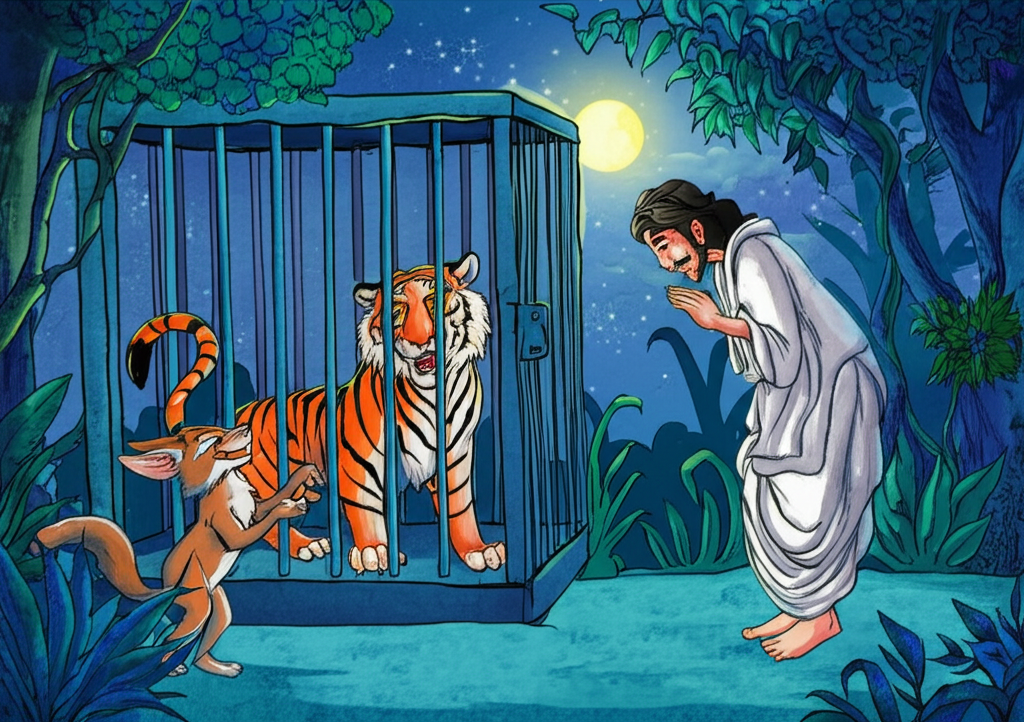 Watercolor illustration of the jackal grinning as it latches the cage door, trapping the tiger once again. Brahman stands beside the jackal, looking relieved and grateful. The tiger is roaring in frustration from inside the cage, its orange fur a blur of motion. The scene is moonlit; the sky is a deep indigo, dotted with stars. The jackal’s grin is wide and mischievous. Its fur is illuminated by the moonlight. Brahman bows his head in gratitude, his hands folded in prayer. The cage door clicks shut with a satisfying thud. The sound echoes through the silent jungle. Color palette: cool blues and greens for the moonlight and the surrounding jungle, contrasted with the warm oranges and reds of the tiger’s frustration. Artistic style: delicate watercolor washes to create a sense of atmosphere and magic, with sharp details in the jackal’s grin and the tiger’s expression of rage. The moonlight creates a soft, ethereal glow.
