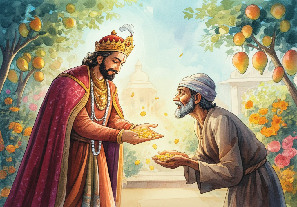 Watercolor illustration of King Harchand Raja, in ornate crimson and gold robes with intricate embroidery and pearl accents, giving a handful of gleaming gold coins to a humble, grateful beggar. The beggar is clad in tattered brown cloth, his face etched with lines of hardship but softened by genuine appreciation. The background features a vibrant, lush garden filled with colorful flowers like hibiscus and marigolds, and fruit trees laden with mangoes and pomegranates, all bathed in warm, soft morning light casting long, gentle shadows. Dewdrops cling to the petals, reflecting the light. The atmosphere is peaceful and benevolent. The artistic style is consistent watercolor with soft blending and natural flow, emphasizing the textures of the cloth and the smoothness of the gold.