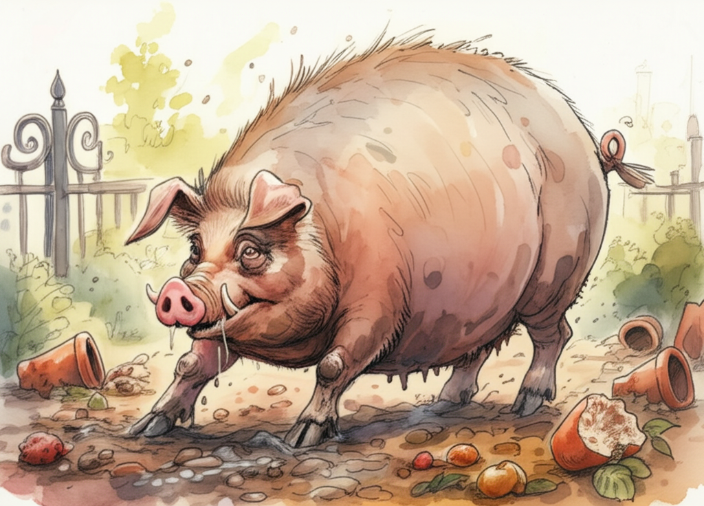 Watercolor illustration of a giant, gluttonous pig, rendered in shades of earthy browns, dusty pinks, and muddy greys, greedily devouring the king’s garden. Its coarse bristles are visible, and mud clings to its hooves. The garden is depicted as partially destroyed, with uprooted plants, scattered fruit (some half-eaten), and broken terracotta pots. The pig’s small, beady eyes should gleam with mischievous and destructive intent, reflecting the early afternoon sun. Saliva drips from its mouth. The lighting is harsh, with sharp contrasts between light and shadow, conveying a sense of chaos and destruction. The texture of the churned earth and ripped leaves is emphasized. The watercolor style is loose and expressive, capturing the dynamism of the pig’s rampage.