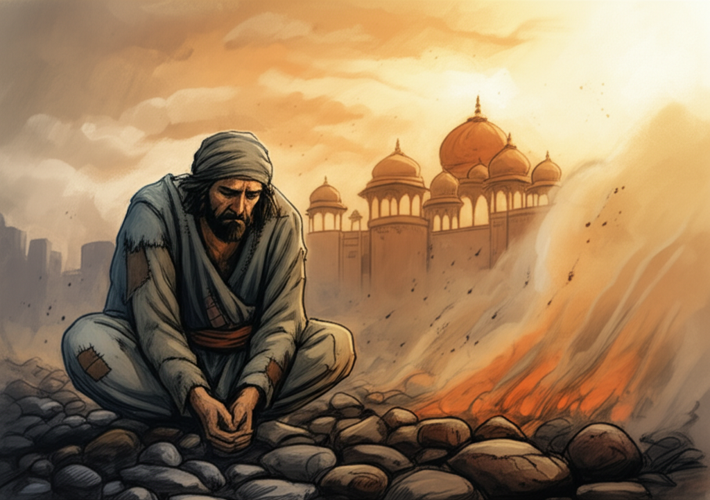 Watercolor illustration of King Harchand Raja, now dressed in simple, worn clothing of faded indigo and grey, patched and mended, looking dejected as he surveys the smoldering charcoal where his gold and jewels once were. His face is etched with sadness and lines of weariness, but his jawline is firm with resolve. His hands are calloused and clasped tightly together. The palace is visible in the background, appearing grand yet distant and untouchable, framed by a hazy, smoky sky. Dust motes hang in the air, illuminated by the weak, setting sun. The emotional tone is somber and melancholic. The watercolor style focuses on conveying texture - the roughness of his clothing, the gritty texture of the charcoal, and the smooth, cold stone of the palace walls.