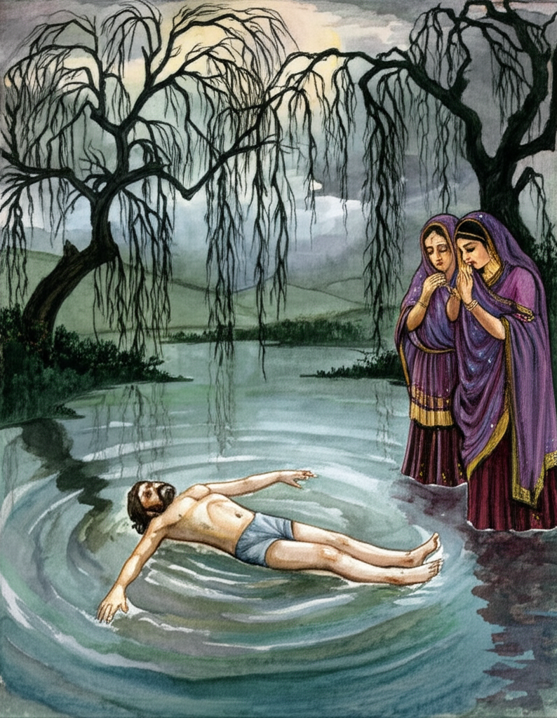 Watercolor illustration of King Harchand Raja reluctantly throwing the limp body of a young boy (Manikchand) into a murky pond, the water reflecting a distorted image of his tormented face. Queen Hirali stands nearby, veiled in deep purple, her shoulders shaking as she weeps, offering a torn piece of her faded silk scarf, edged with gold thread, as payment. The pond is surrounded by somber, weeping willow trees with trailing branches, casting long, eerie shadows. The atmosphere is heavy with profound grief and a sense of irreversible loss. The lighting is dim and overcast, with the only light source being a sliver of moon partially obscured by clouds. The texture of the water, the rough bark of the trees, and the delicate fabric of the scarf are meticulously rendered. The expressions are crucial: the king’s anguish, the queen’s despair, and the boy’s lifeless stillness.