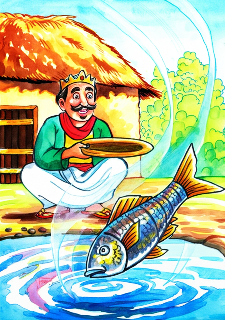Watercolor illustration of King Harchand Raja, looking surprised and joyful, his face breaking into a wide, genuine smile, as the cooked fish (still on a simple wooden plate) he was about to eat leaps back into the pond alive. Sunlight glints off the water, creating shimmering highlights and symbolizing renewed hope. His simple, worn clothes and surroundings – a simple mud hut with a thatched roof – contrast sharply with the vibrant, revitalized fish, now shimmering with silver and gold scales. The pond’s surface ripples with life. The air feels lighter and fresher. The watercolor style is bright and optimistic, using vibrant colors to emphasize the miraculous event and the king’s renewed spirit. Details include the steam rising from the cooked fish, the texture of the wooden plate, and the details of the woven roof.