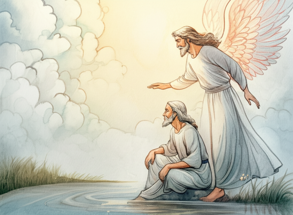 Watercolor illustration of God, depicted as a kind-faced man with flowing white robes and a gentle, radiant aura, standing beside an angel with shimmering wings near a serene pond. The angel’s wings are adorned with feathers that seem to glow from within. King Harchand Raja sits nearby on a moss-covered rock, looking weary but hopeful, his eyes fixed on the divine figures. God is gesturing towards the king with a compassionate expression, his hand outstretched in a gesture of comfort and forgiveness. The pond reflects a peaceful sky with fluffy white clouds. The air is filled with a soft, ethereal glow. The watercolor style is delicate and ethereal, emphasizing the divine presence and the atmosphere of peace and redemption. Light appears to emanate from God and the angel, creating a sense of holiness.