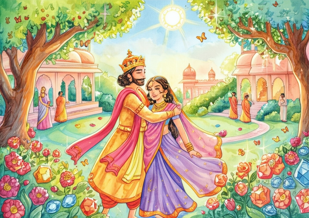 Watercolor illustration of King Harchand Raja, Queen Hirali, and Manikchand embracing in their restored garden. King Harchand Raja is wearing newly made, simpler robes, Queen Hirali is adorned in a silk sari of vibrant colors, and Manikchand is healthy and radiant. The garden is once again lush and vibrant, filled with blooming flowers, gold, silver, and sparkling jewels scattered amongst the foliage, glittering in the afternoon sun. Servants are visible in the background, smiling and welcoming them home, their faces etched with relief and happiness. The palace stands majestically in the background, radiating warmth and prosperity, windows aglow with golden light. Butterflies flutter around the flowers. The watercolor style is joyous and celebratory, using bright, saturated colors to capture the atmosphere of happiness and restoration. Emphasis is placed on the details of the jewels, the silk clothing, and the lush vegetation, creating a scene of abundance and harmony.