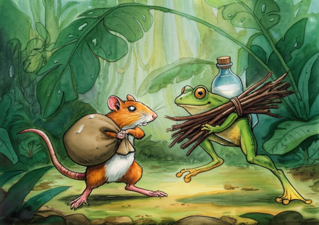 Watercolor illustration, early morning in a lush, overgrown jungle. Soft, diffused sunlight filters through the dense canopy, casting dappled shadows on the forest floor. A determined-looking rat, fur a warm ochre brown, carries a burlap sack heavy with flour and a glass bottle of milk. The sack is dusted with flour and slightly torn. A bright green frog, with bulging eyes, hops excitedly alongside, struggling under the weight of a bundle of dry, twiggy sticks, easily taller than itself, precariously balanced on its back with twine. Dewdrops cling to the large jungle leaves. Color palette: predominantly greens and browns with accents of white, ochre, and the bright green of the frog. Creates a feeling of hopeful adventure.
