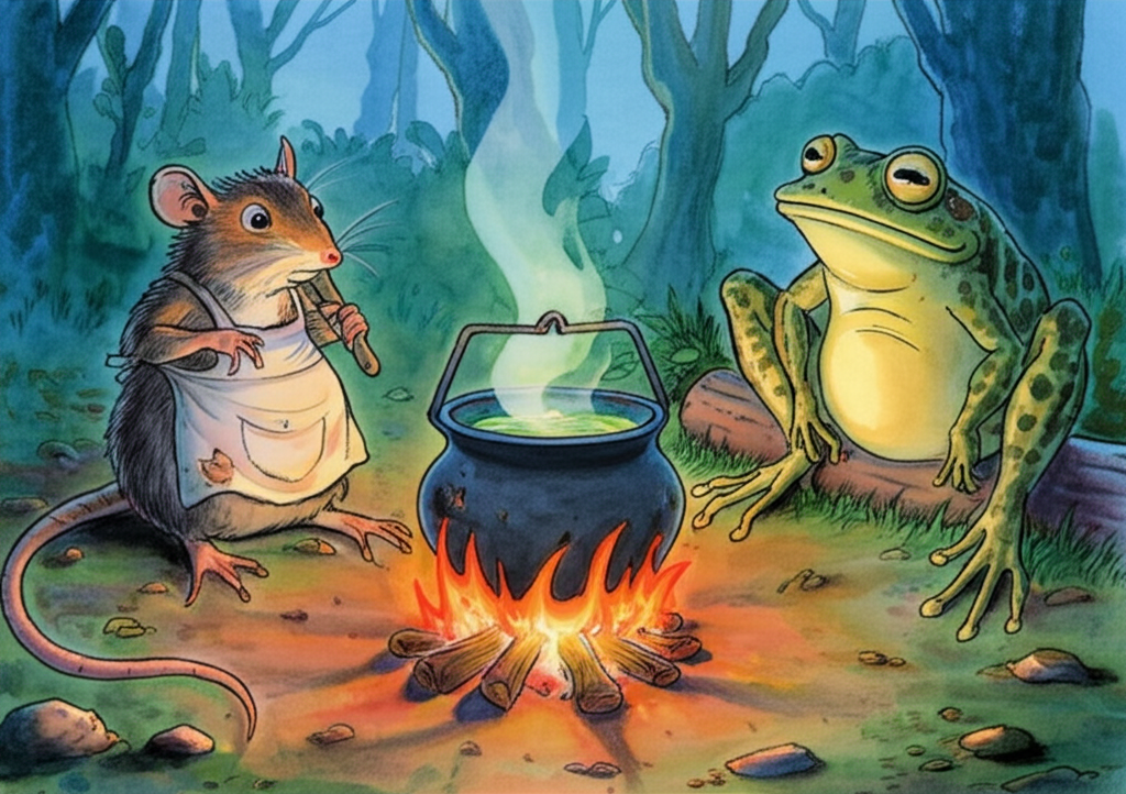Watercolor illustration of a cozy jungle clearing at dusk. Warm, inviting light emanates from a small cooking fire. The rat, now wearing a slightly singed and flour-dusted miniature apron, is intently stirring a bubbling pot suspended over the flames. Steam rises, carrying the aroma of sweet bread. The frog sits nearby on a mossy log, eyes wide, practically bulging, and intensely fixated on the pot with a hungry, almost desperate expression. Tiny droplets of saliva gleam on its tongue. Color palette: warm oranges, yellows, and reds from the firelight, contrasted with the cool greens of the surrounding jungle. The air feels thick with anticipation.