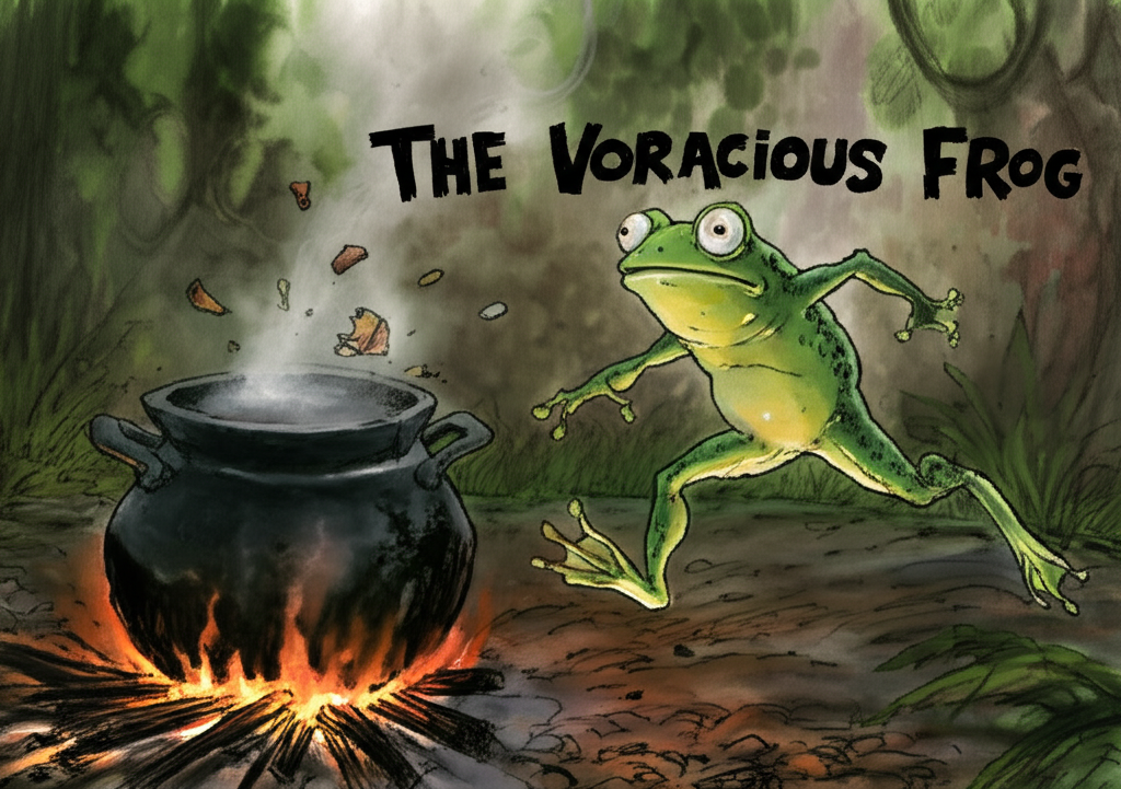 Watercolor illustration: the frog, eyes wide with panic and a hint of guilt, rapidly hops away from a scorched and empty cooking pot next to a dying fire. Embers glow weakly. Small, colorful splashes of unidentified food remnants – crumbs of bread, splatters of milk – are visible around the pot, suggesting a disastrous feast. The jungle is lush and dense in the background, blurring into a wash of greens and browns to emphasize the frog’s hasty retreat. Color palette: muted browns, grays, and greens, reflecting the ruined meal and the frog’s shame. Creates a sense of comedic chaos and regret.