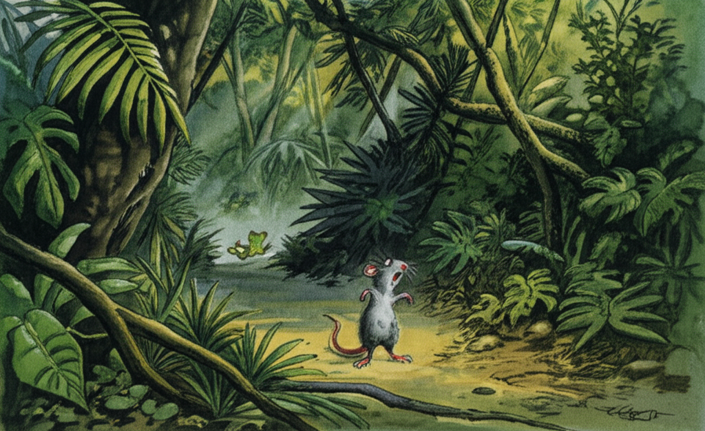 Watercolor illustration, mid-afternoon in a dense jungle. Sunlight cuts sharply through the leaves, creating strong shadows. The rat stands on a winding jungle path, its fur ruffled and dirty, looking distraught and holding its tiny hands up in exasperation. Its ears are drooped, and its whiskers twitch with frustration. In the distance, a small green frog hops away, viewed from the back, its form diminishing into the foliage. The path is strewn with discarded leaves and small stones. Color palette: varying shades of green, brown, and grey, highlighting the contrast between the rat’s despair and the frog’s carefree departure. An atmosphere of quiet disappointment.