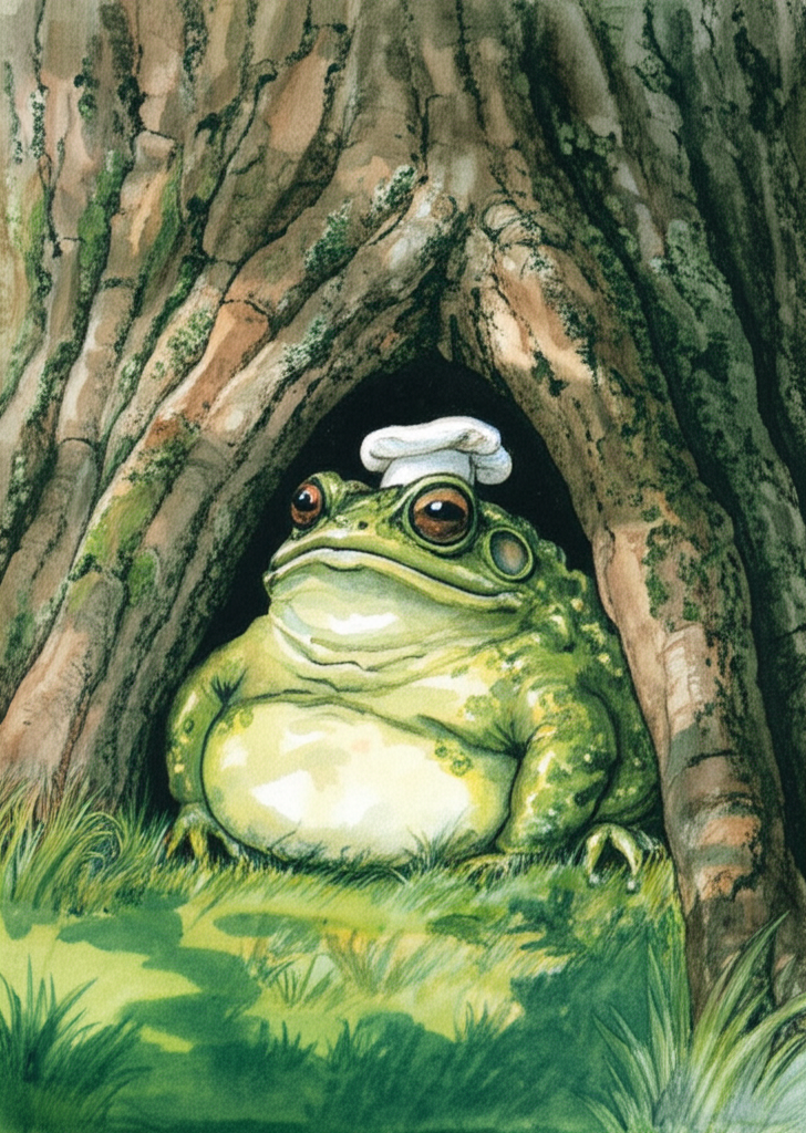 Watercolor illustration: a round, VERY plump frog sits comically concealed behind a gigantic tree, its rough bark textured with moss and lichen. Only its head and front legs are visible. Its expression is sly, mischievous, and slightly smug. A ridiculously small baker’s hat sits askew on top of the frog’s head, almost too small to stay on. Bright, dappled sunlight filters through the leaves, creating dancing highlights on its skin. Color palette: a range of greens, browns, and yellows, with the frog’s skin appearing almost iridescent in the dappled light. Conveys a sense of hidden gluttony and playful deception.