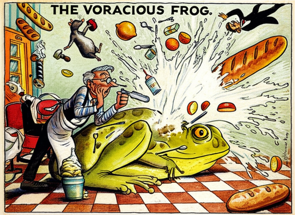 Watercolor illustration, a bizarre and chaotic scene filled with motion. The barber, a small, almost insectile figure with spectacles perched on his nose, looks on with pure horror and shock as his razor, a shining silver blade, accidentally slices into the enormous frog’s distended stomach. A torrent of objects and even people explode outwards, thrown into the air. Oranges, lemons, loaves of crusty bread, splashing milk, a cloud of flour, the disgruntled rat, and a panicked groom (complete with top hat and tails) are all caught in mid-air. The barber’s shop tools and shaving cream are also flying around the scene. Color palette: a riot of bright, contrasting colors, emphasizing the absurdity and chaos of the situation. Creates a surreal and slightly unsettling feeling.
