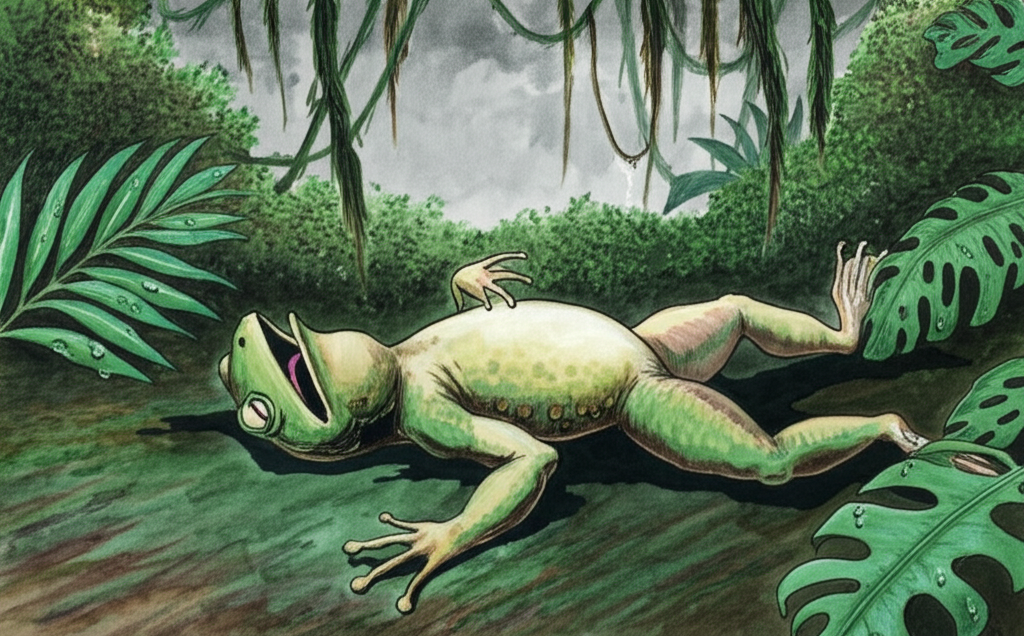 Watercolor illustration: a very large, dead frog lies sprawled on its back in the heart of the jungle. Its limbs are splayed at awkward angles, its mouth hangs open revealing a pink tongue, and its eyes are lifeless and glazed over. The surrounding jungle is detailed with lush foliage, but the vibrant greens are muted by the overcast sky. The sky is grey and heavy with impending rain. Dew clings to the leaves. Color palette: muted greens, browns, and grays dominate, reflecting the somber mood. A sense of finality and decay pervades the scene.