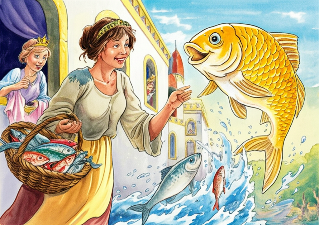 A vibrant watercolor illustration of a fisherwoman in simple, patched linen clothes, carrying a woven basket overflowing with glistening, colorful fish – silver scales, ruby reds, and emerald greens shimmering under the bright morning sun. A majestic palace with sun-drenched, arched windows is in the background, its white stone warmed by the golden light. A regal queen with a delicate, jeweled crown leans out of a window, her silk robes billowing gently in the breeze, waving a slender hand towards the fisherwoman with a kind smile. A large, anthropomorphic fish – a golden carp with intelligent eyes – leaps dramatically from the basket, its mouth open in a wide, joyful grin, scattering droplets of water that catch the light like diamonds. Soft, diffused light creates subtle shadows on the palace walls and the fisherwoman’s weathered face. The overall tone is cheerful and whimsical.
