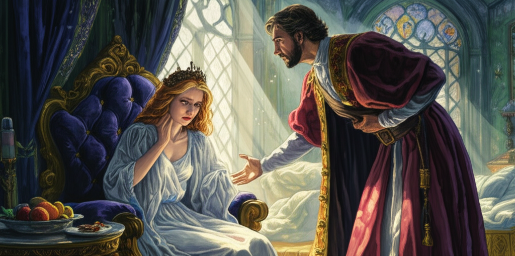 A melancholic watercolor painting depicting the queen in her richly decorated bedroom, visibly upset, tears welling in her eyes. She is sitting on a plush, velvet chair of deep indigo, her silk nightgown rumpled. Her face is furrowed in anger and despair, her brow creased. The king, wearing concerned expression and finely embroidered royal attire of deep burgundy, approaches her with a hand outstretched in comfort, his face etched with worry. Light streams in from a tall, arched window, casting long, dramatic shadows across the room, highlighting the tension between them. Dust motes dance in the sunbeams. The textures of the velvet chair and the queen’s tear-stained face are subtly rendered. A partially eaten plate of fruit sits forgotten on a nearby table.