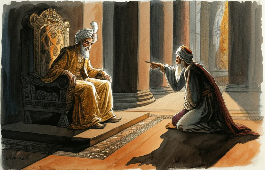 A tense watercolor illustration of the vizier, an older man with a deeply worried face, etched with lines of anxiety, kneeling before the king in a grand throne room. The king sits on his throne, a carved and gilded monstrosity, sternly pointing a finger at the vizier, his face a mask of displeasure. The throne room is ornately decorated with towering pillars of polished marble and rich, woven tapestries depicting scenes of battle. The lighting, from high, narrow windows, suggests urgency and seriousness, casting long, sharp shadows across the floor. The vizier’s worn, velvet robes are in stark contrast to the king’s opulent gold brocade. The air hangs heavy with anticipation. The texture of the marble floor and the rough weave of the tapestries add to the realism.