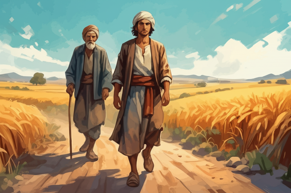 A watercolor painting of the vizier’s son, a handsome young man with a determined expression hardening his features, walking along a dusty road under a cloudless afternoon sky. He wears simple travel clothes of brown linen, weathered and dusty. An old farmer with a weathered face and a gnarled walking stick walks beside him, his brow furrowed with curiosity. A vast, golden cornfield, stretching out to the horizon in the background, ripples in the gentle breeze, the stalks heavy with grain. The sky is a brilliant azure, reflecting the hope in the young man’s eyes. Dust kicks up with each step, creating a hazy atmosphere. The textures of the linen clothes, the rough road, and the ripe corn add depth to the scene.