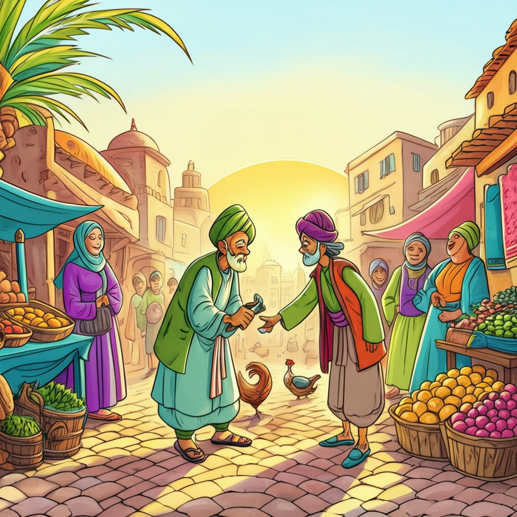 A vibrant watercolor illustration depicting a bustling village scene under a warm, midday sun. The vizier’s son hands a simple but well-crafted pocketknife to the bewildered old farmer, his face a picture of confusion. Villagers are going about their daily lives – children playing, women gossiping at the well, men repairing roofs. Market stalls are filled with goods – brightly colored fruits, vegetables, and handwoven textiles. The light is warm and inviting, casting short shadows. The air is filled with the sounds of laughter and commerce. The textures of the cobblestone streets, the thatched roofs, and the various wares add to the lively atmosphere. A playful dog chases a chicken through the crowd.
