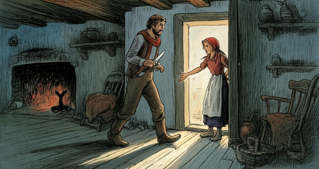 A watercolor illustration depicting the farmer’s smart daughter standing in a doorway, her face illuminated by the soft light of the interior, talking to the father who is walking toward her looking confused and hesitant, clutching the pocketknife. Background setting is a simple, cozy interior with a crackling fire in the hearth, casting a warm orange glow on the walls. A rough, woven blanket is draped over a wooden chair. Earthenware pots sit on a simple shelf. The scene evokes a sense of warmth, intimacy, and rustic charm. The daughter’s expression is one of concern mixed with intelligence, the father’s bewilderment is subtly captured. Shadows dance on the walls, creating a sense of depth and atmosphere.
