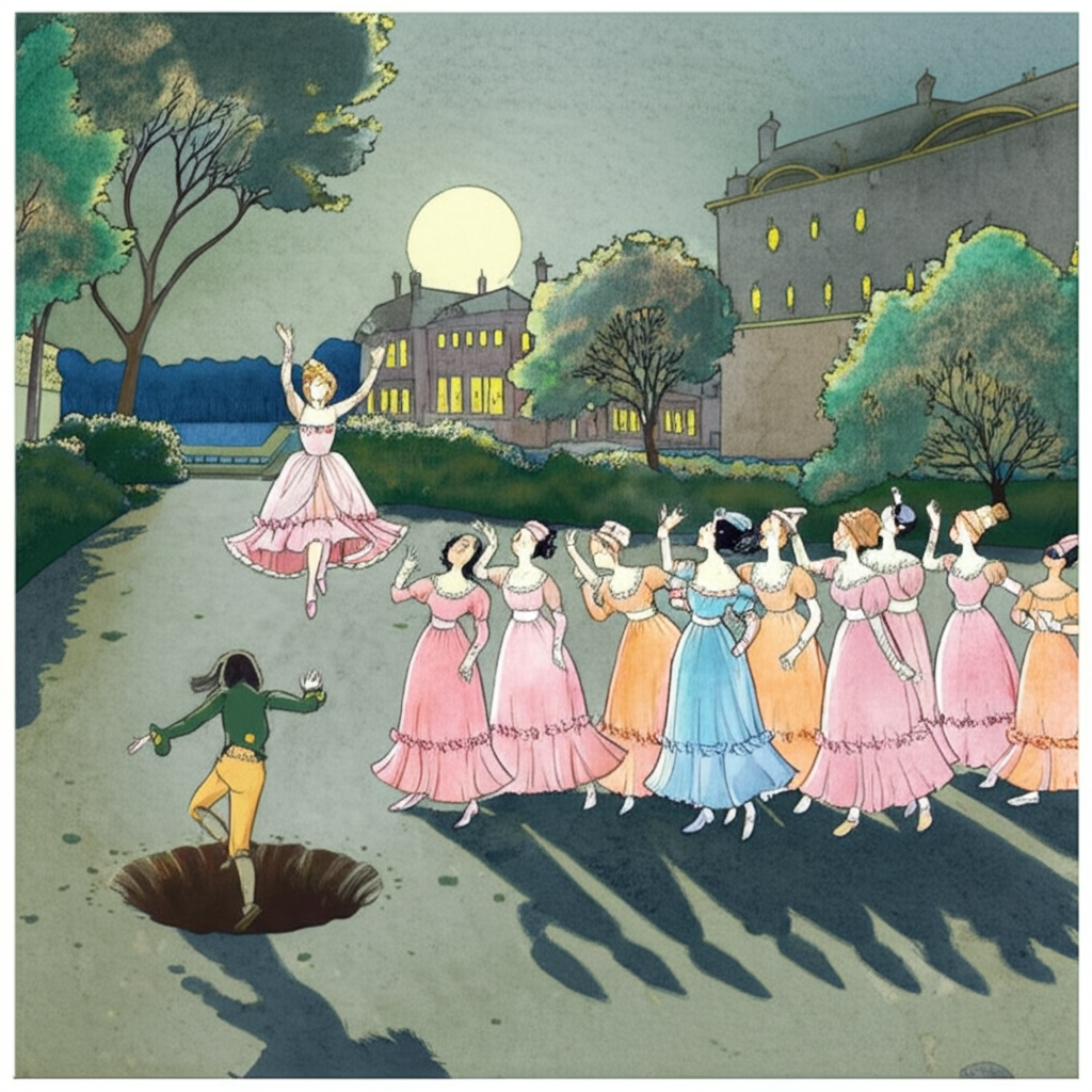 A whimsical watercolor painting of a group of palace maids lined up in front of a large, dug hole in the palace gardens under the pale light of a full moon. Some are jumping, with varying degrees of success, their silk dresses swirling in the night air. A figure of a man, clumsily disguised as a woman, struggles to jump over the hole, his wig askew. The scene is bathed in a soft, ethereal light, creating long, distorted shadows. The textures of the silk dresses and the rough earth add to the visual appeal. A mischievous breeze rustles the leaves of the nearby trees. The overall tone is lighthearted and humorous.