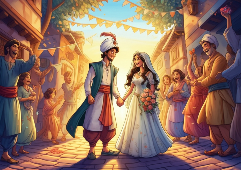 A joyful watercolor illustration of the vizier’s son and the farmer’s daughter in a romantic wedding setting under the soft glow of the setting sun. They are holding hands and smiling at each other, their faces radiant with happiness. Guests are celebrating around them, throwing flowers and laughing, their faces lit by the warm, golden light. The scene is filled with joy and happiness, with colorful banners and festive decorations adorning the village square. The textures of their wedding clothes, the flowers, and the cobblestone ground add to the celebratory atmosphere. Soft, diffused light creates a romantic and dreamlike quality. Musicians play lively music in the background.
