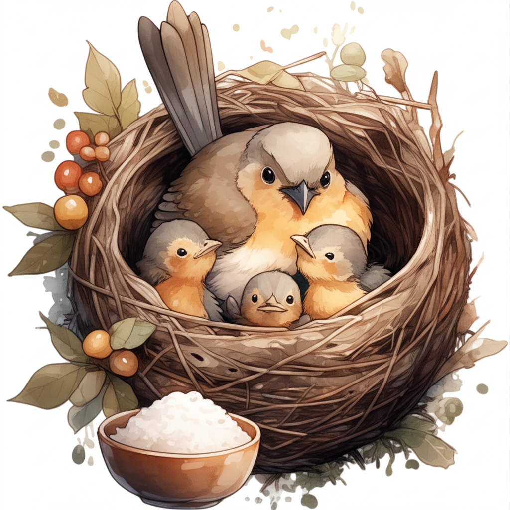 A warm and cozy scene of the mommy bird snuggled up with her baby birds in their nest, with a bowl of rice and fruit nearby